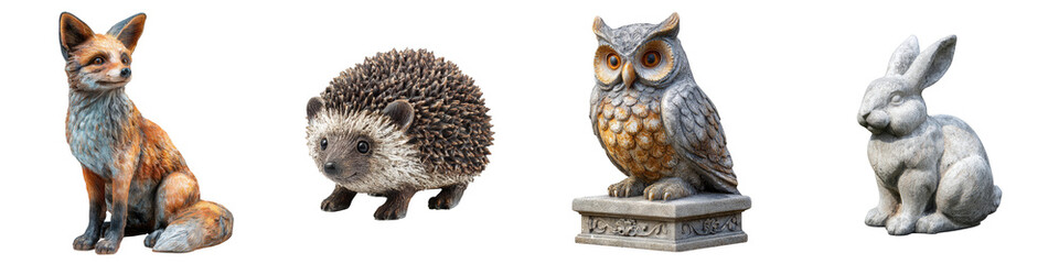 Decorative animal garden sculptures fox hedgehog owl rabbit on transparent background