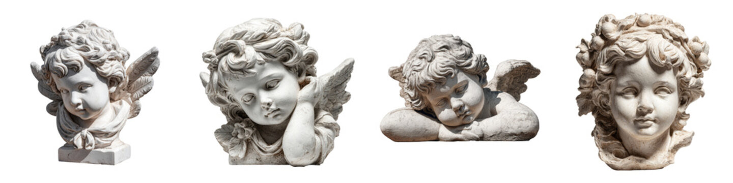 Cherubic angel sculptures in various poses carved from stone on transparent background