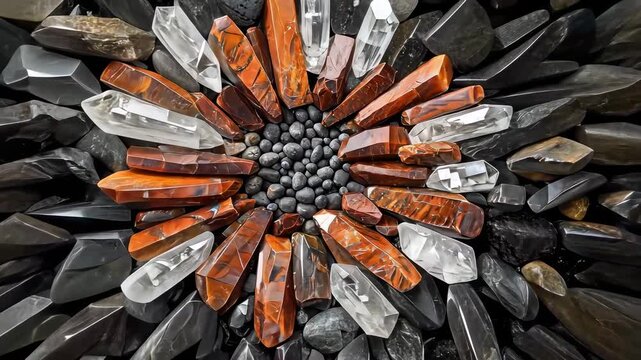 vibrant crystal arrangement with black stones and striking colors