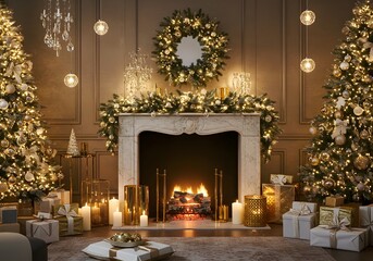 A luxurious living room exquisitely decorated for Christmas, featuring two sparkling trees, a festive fireplace with garland, and elegantly wrapped gifts