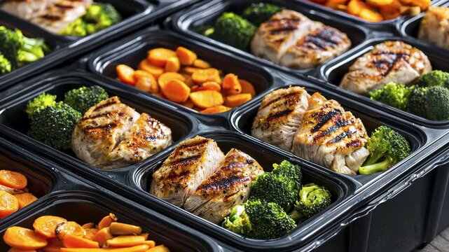 grilled chicken meal prep with vegetables and rice in black containers