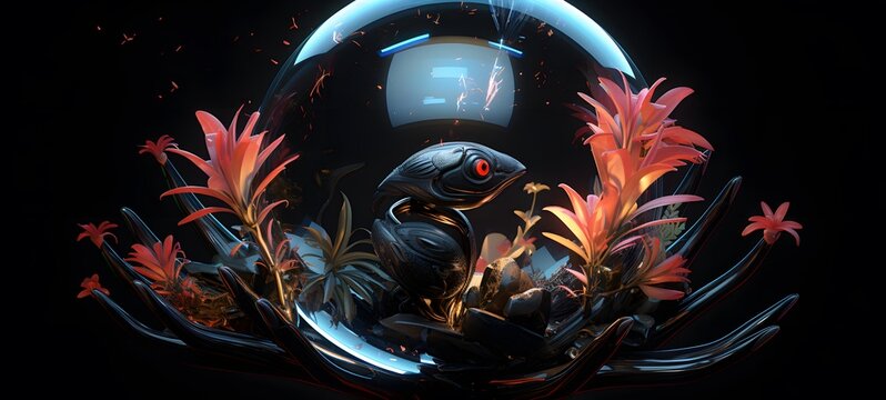 A black hole , a small creature made of glass that is sitting in the palm of your hand,generative AI