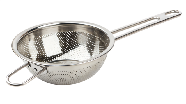 Elegant stainless steel strainer gleaming cut out on PNG. AI GENERATED.

