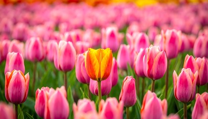 Obraz premium A single orange tulip stands out in a field of pink tulips.