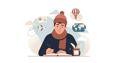 Conceptual Illustration Of A Man Writing About Travel And Adventures In His Journal