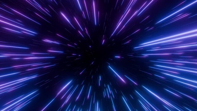 Looped background with blue pink neon light streaks create effect of high speed travel through space. Abstract animation of hyperspace warp with glowing futuristic tunnel visuals. VJ loop , 4K 60fps