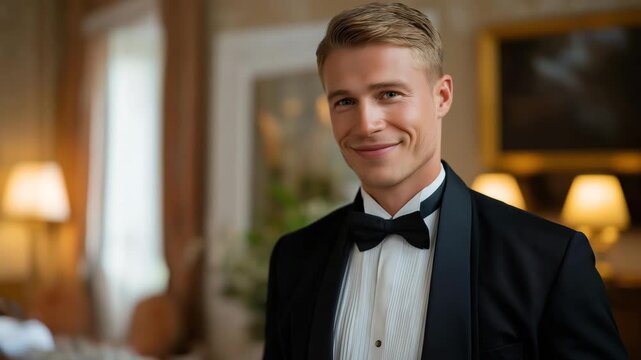 Professional butler coordinating event setup in royal residence, face focused yet emotionally composed, reflecting centuries-old service traditions, perfectionism, and mastery of elite protocol and