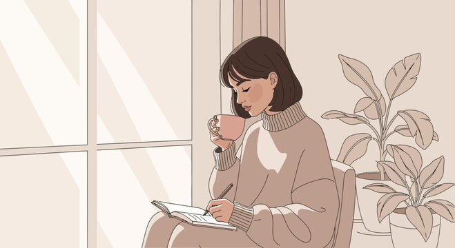 Illustration Of A Woman Writing While Drinking A Beverage Near A Window