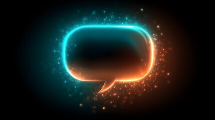 Glowing speech bubble outline illuminates a dark digital background with sparkling energy