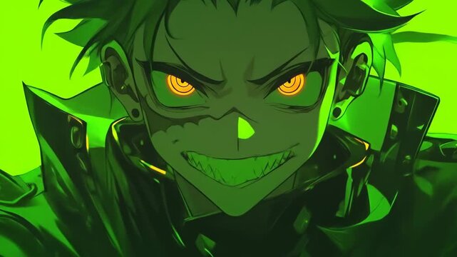 Animated looping anime style person with glowing eyes half monster