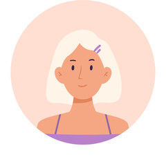 Pixelated Portrait Of A Woman With Blond Bob Hair And A Light Purple Top Against A Peach Colored Circle Background With A Subtle Grain Texture