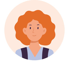 Pixelated Portrait of a Woman with Curly Orange Hair and a Friendly Expression Set Against a Soft Peach Circular Background