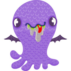 Pixelated Purple Monster with Bat Wings and Drooling Mouth Halloween Creature with Large Eyes and Tentacle Limbs