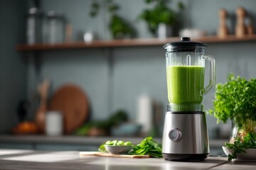 Blender with Fresh Nutrient-Rich Vegetable Smoothie on Modern Kitchen Countertop