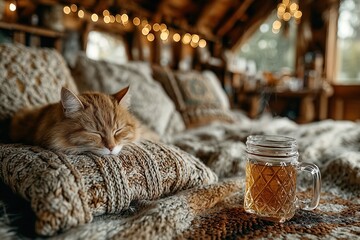 Cozy cat resting on a knitted blanket with a warm drink by its side in a peaceful cabin setting
