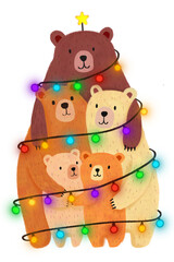 Christmas Bear Family PNG | Cute Holiday Bears with Lights | Winter Animal Clipart