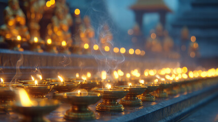 Obraz premium Rows of glowing brass oil lamps at temple altar during Kalabhairav Jayanti.