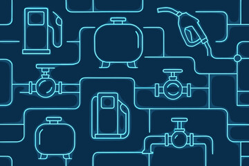 Neon seamless pattern of fuel pumps, tanks, and valves