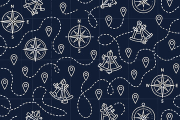 Naklejka premium Seamless nautical map pattern with compasses, sextants, and location markers