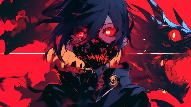 Animated looping anime style person with glowing eyes half monster