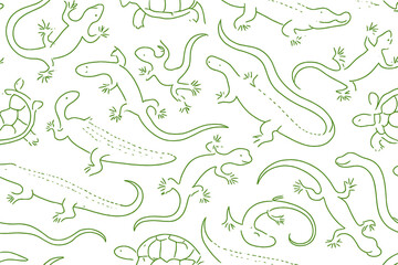 Fototapeta premium Seamless green background with outlined reptiles and turtles