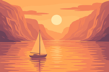 Fototapeta premium Golden Sunset Sailing Illustration – Tranquil Sailboat Journey Through Mountain Fjord with Warm Reflections
