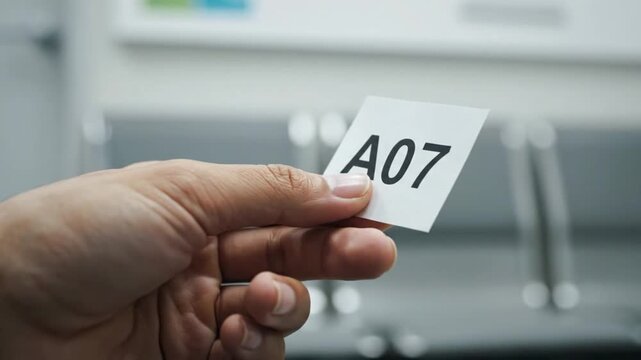 A hand holds a white numbered queue ticket "A07" in a blurred waiting area