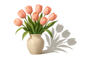 Peach tulip flowers blooming in a ceramic vase