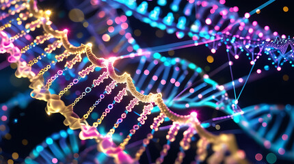 Double helix structure glows with vibrant colors representing genetic code and scientific advancement in a futuristic and technologically advanced setting, showcasing innovation.