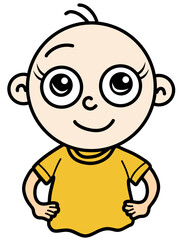 Cute cartoon illustration of a smiling child wearing a yellow t-shirt, standing confidently with his hands on his hips.