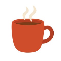 Red mug with hot drink and steam in soft flat style for cozy and decorative design.