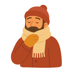 Man in warm clothes wearing hat, scarf and gloves in soft flat style for winter design.