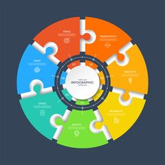 Infographic circle in puzzle style with 7 segments, steps, parts. Vector round chart, cycle diagram. Can be used for presentation, report, brochure, web, data visualization, educational content.