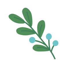 Green branch with blue berries in soft flat style for botanical and decorative design.