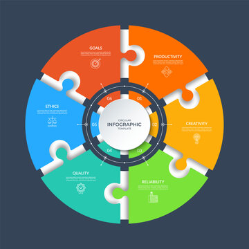 Infographic circle in puzzle style with 6 segments, steps, parts. Vector round chart, cycle diagram. Can be used for presentation, report, brochure, web, data visualization, educational content.