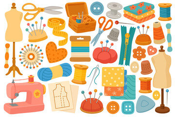 Set of sewing tools in soft flat style with threads, scissors, mannequins, pins and buttons.