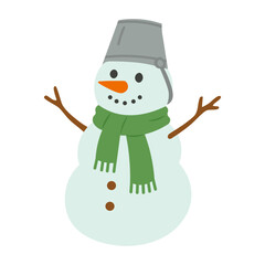 Funny snowman with bucket hat and green scarf in soft flat style for winter decoration.