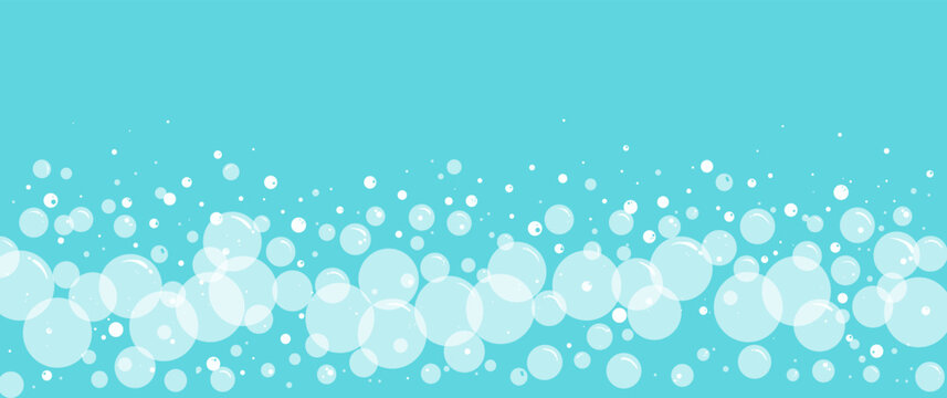 Foam bubble background, water bath pattern, cartoon soap bg. Wash or soda, sea or shampoo border. Blue and white transparent frame. Laundry splash icon. Air fizzy suds. Abstract vector illustration