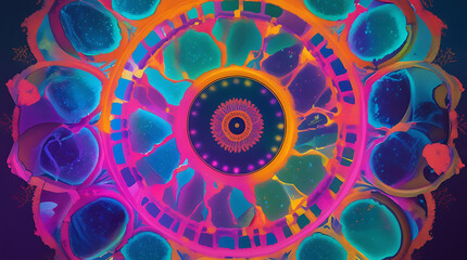 Abstract mandala glows with vibrant colors, radiating outwards in a mesmerizing display of intricate patterns and spiritual energy, creating a sense of wonder and peace.