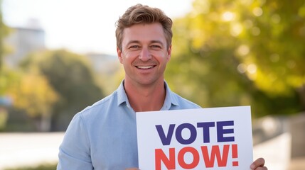 Smiling Man Holding Vote Now Sign
