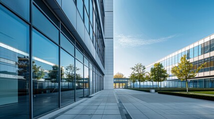 A view of a modern corporate campus walkway flanked by contemporary office buildings featuring extensive blue glass facades that reflect the surrounding landscape and clear blue sky