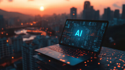 Naklejka premium Laptop displaying AI on screen is set against vibrant cityscape at sunset, symbolizing integration of technology and urban life. scene conveys futuristic and innovative atmosphere
