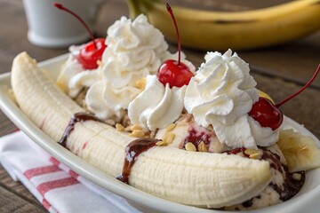 Delicious banana split with whipped cream cherries and chocolate sauce