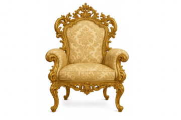 Golden antique baroque style armchair with elaborate carvings and damask fabric, representing luxury and royalty