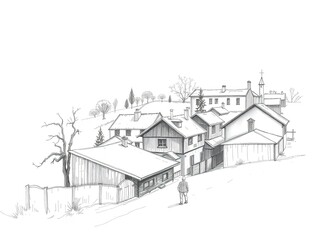 Serene Village Sketch: Capturing the Peaceful Essence of Rural Life through Artistic Illustration