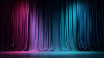 Dramatic velvet stage drapery illuminated by vibrant magenta and cyan spotlights creates an inviting performance backdrop