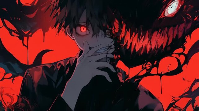 Animated looping anime style person with glowing eyes half monster