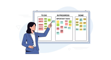 A businesswoman presenting a project management board with to-do, in progress, and done tasks