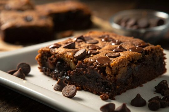 Chocolate brownies with scattered chocolate chips on a white plate