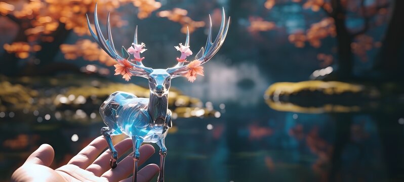 A lake , a small creature made of glass that is sitting in the palm of your hand,generative AI